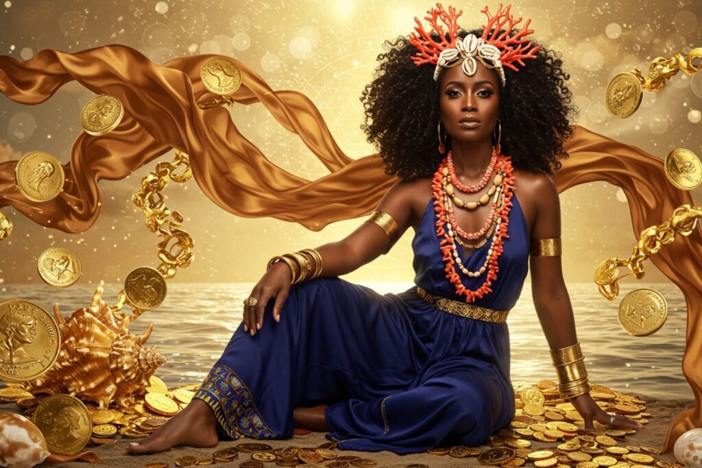 Ajé Shalugá seated on golden coins near the ocean, radiating divine feminine wealth and worthiness – featured in The Digitized Botanica blog and Ajé & Worthiness Journal.