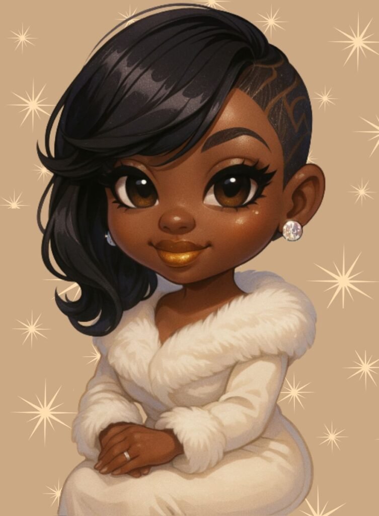 Home page hero image of The Celestial Priestess – digital cartoon portrait with elegant fur robe and golden accents representing sacred feminine energy.